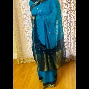 Beautiful turquoise and navy blue saree